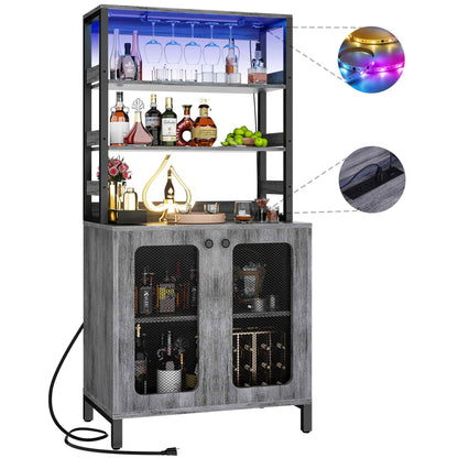 67" Tall Wine Cabinet Liquor Cabinet with LED Lights and Power Outlets