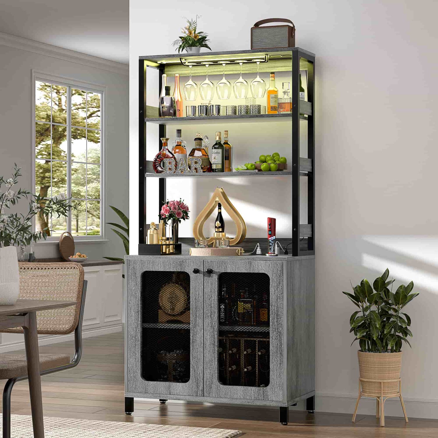 67" Tall Wine Cabinet Liquor Cabinet with LED Lights and Power Outlets