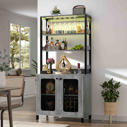 67" Tall Wine Cabinet Liquor Cabinet with LED Lights and Power Outlets