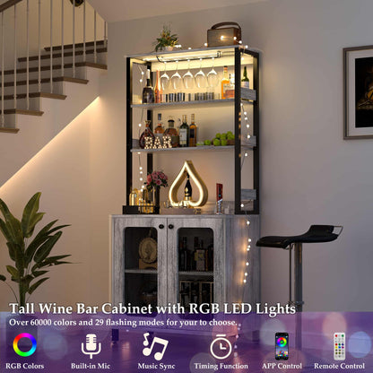 67" Tall Wine Cabinet Liquor Cabinet with LED Lights and Power Outlets