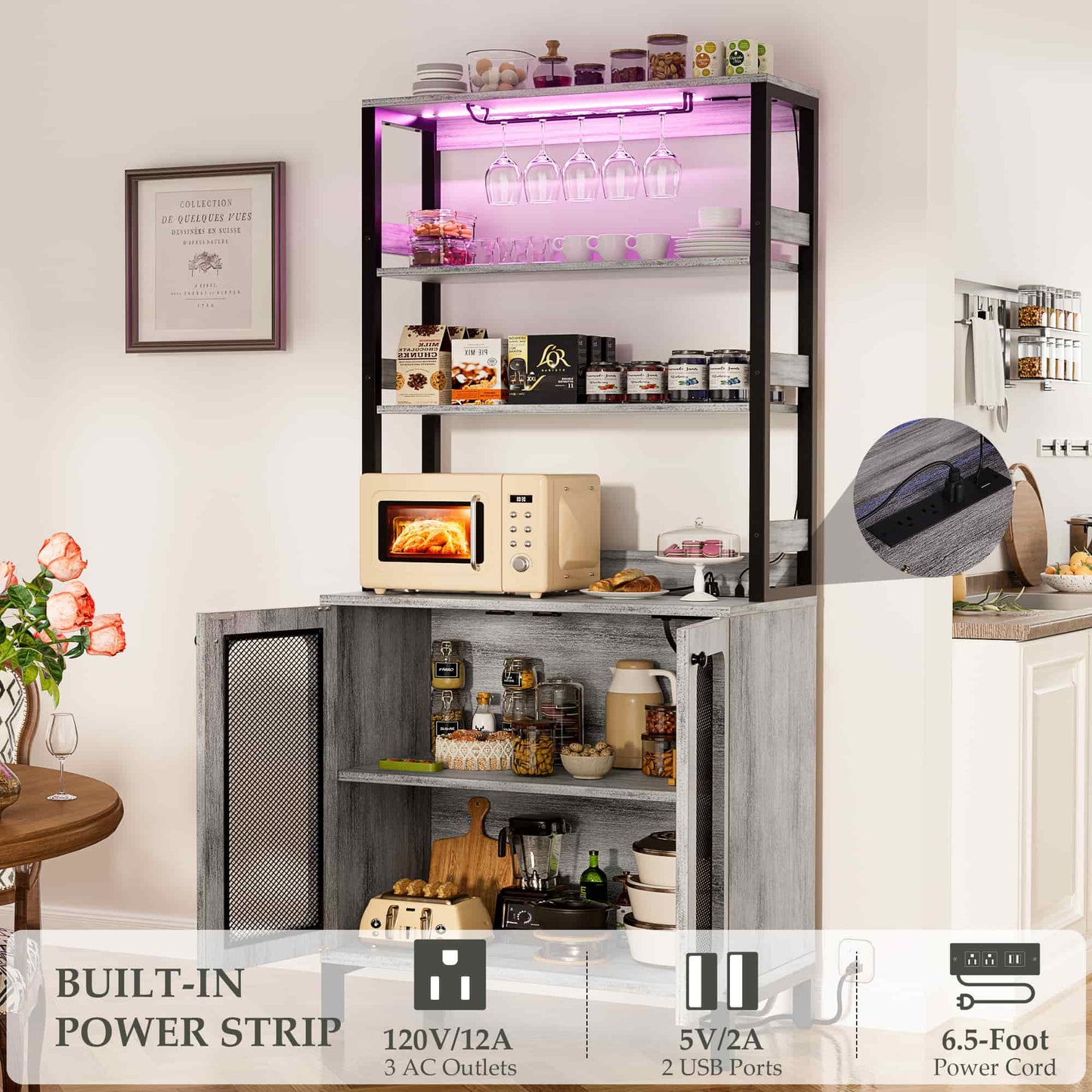 67" Tall Wine Cabinet Liquor Cabinet with LED Lights and Power Outlets