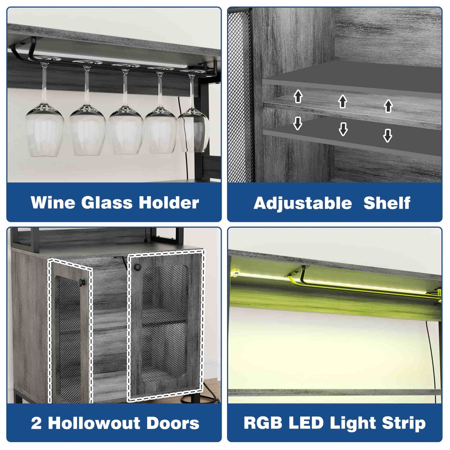 67" Tall Wine Cabinet Liquor Cabinet with LED Lights and Power Outlets