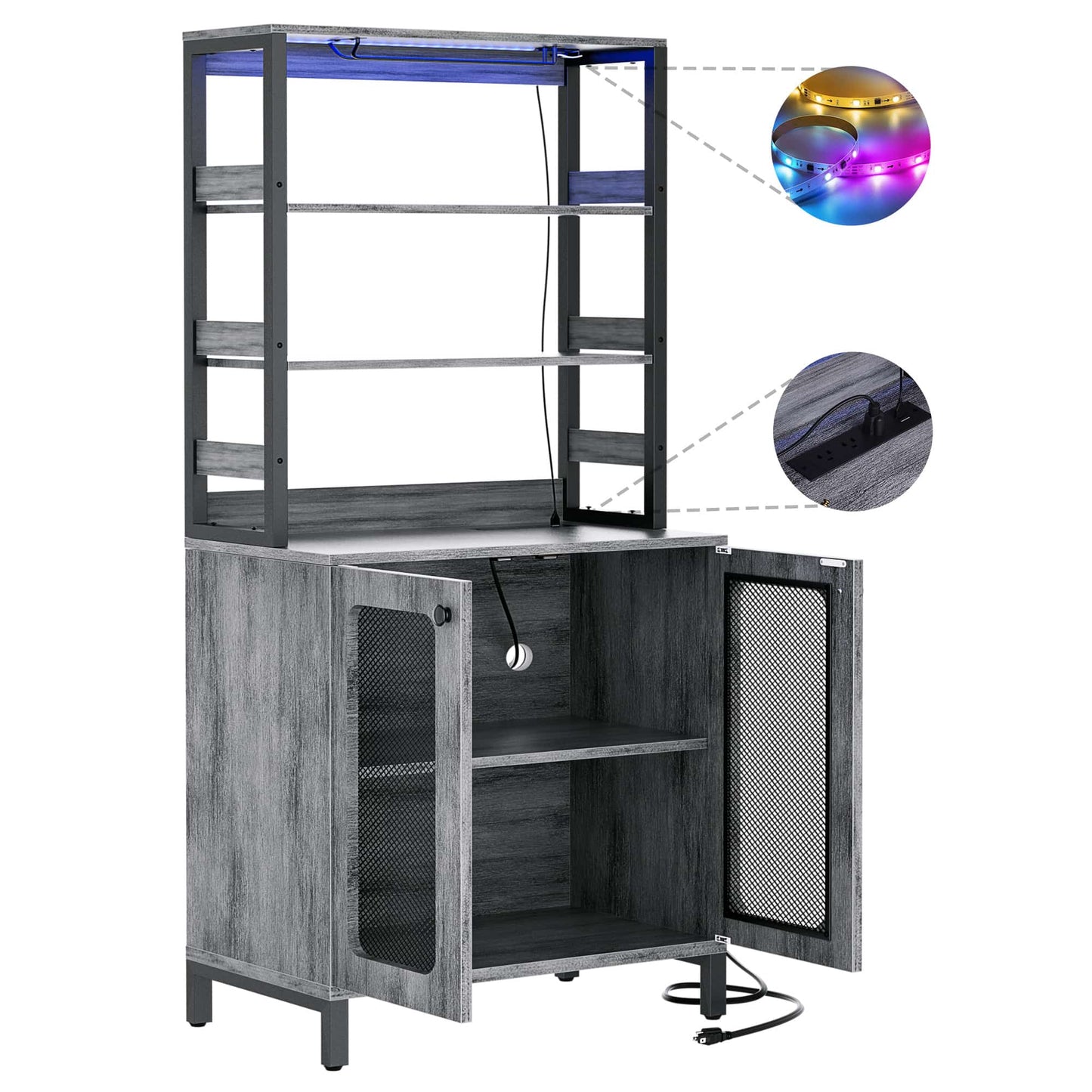 67" Tall Wine Cabinet Liquor Cabinet with LED Lights and Power Outlets