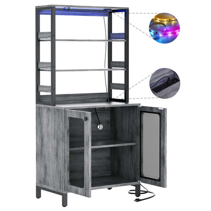 67" Tall Wine Cabinet Liquor Cabinet with LED Lights and Power Outlets