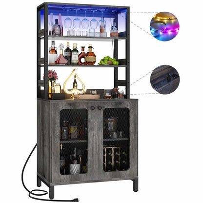 67" Tall Wine Cabinet Liquor Cabinet with LED Lights and Power Outlets