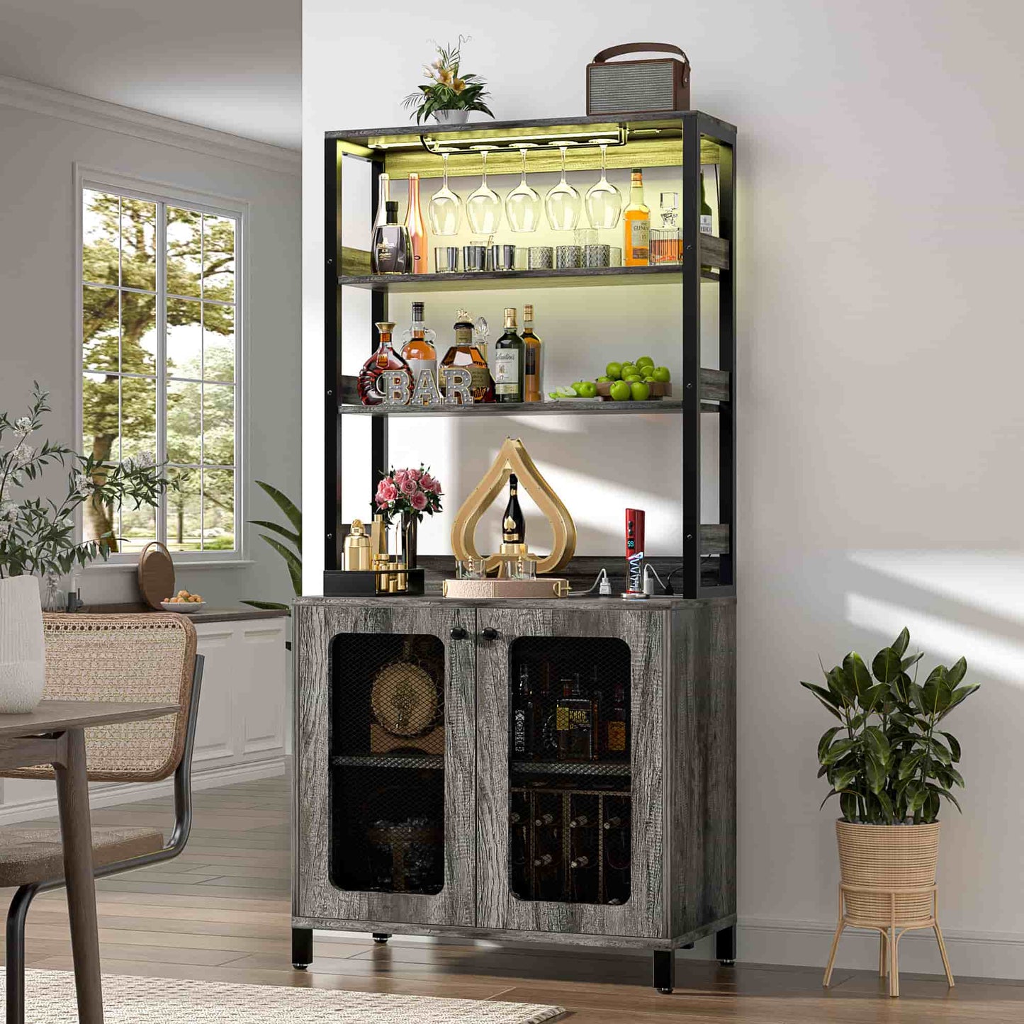 67" Tall Wine Cabinet Liquor Cabinet with LED Lights and Power Outlets
