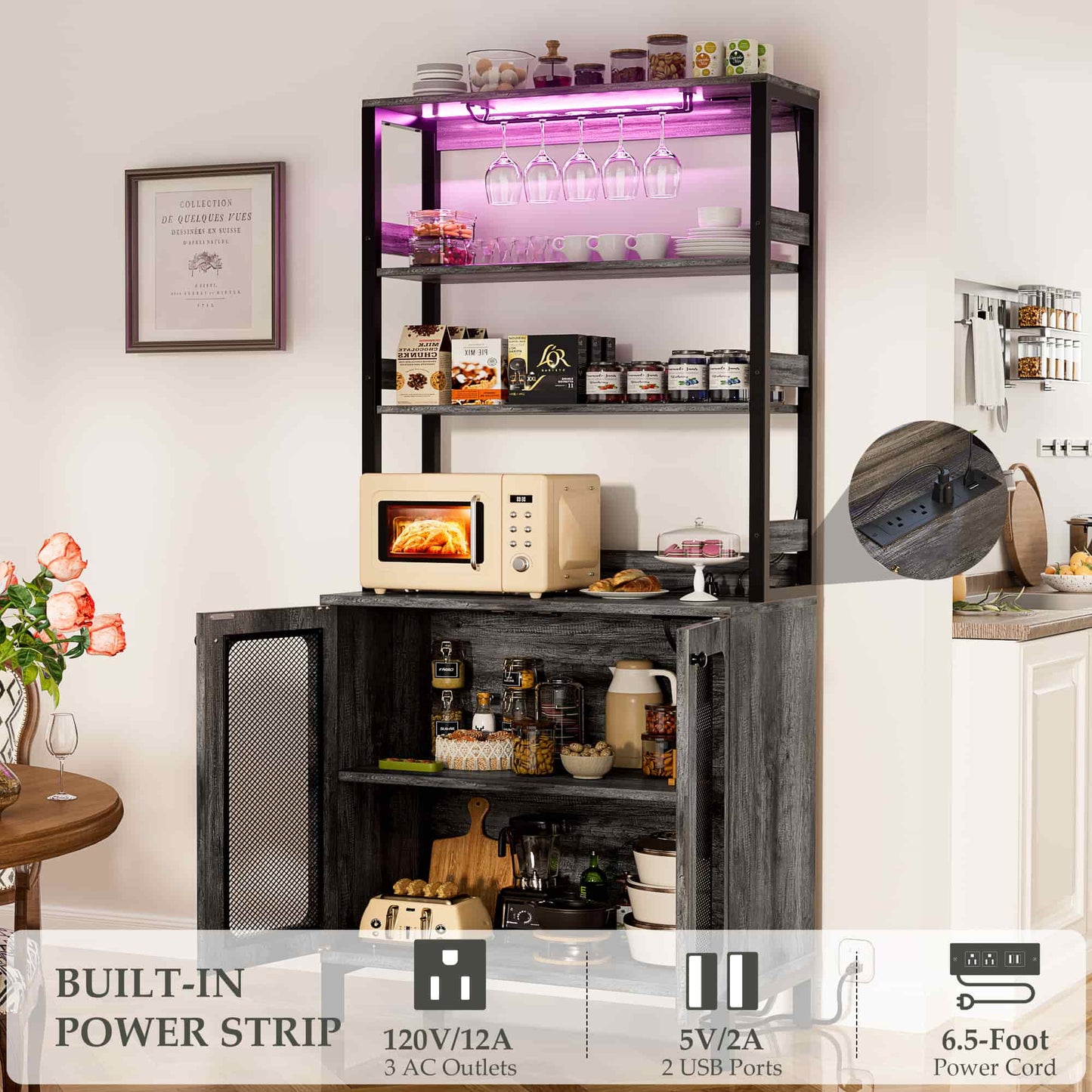 67" Tall Wine Cabinet Liquor Cabinet with LED Lights and Power Outlets