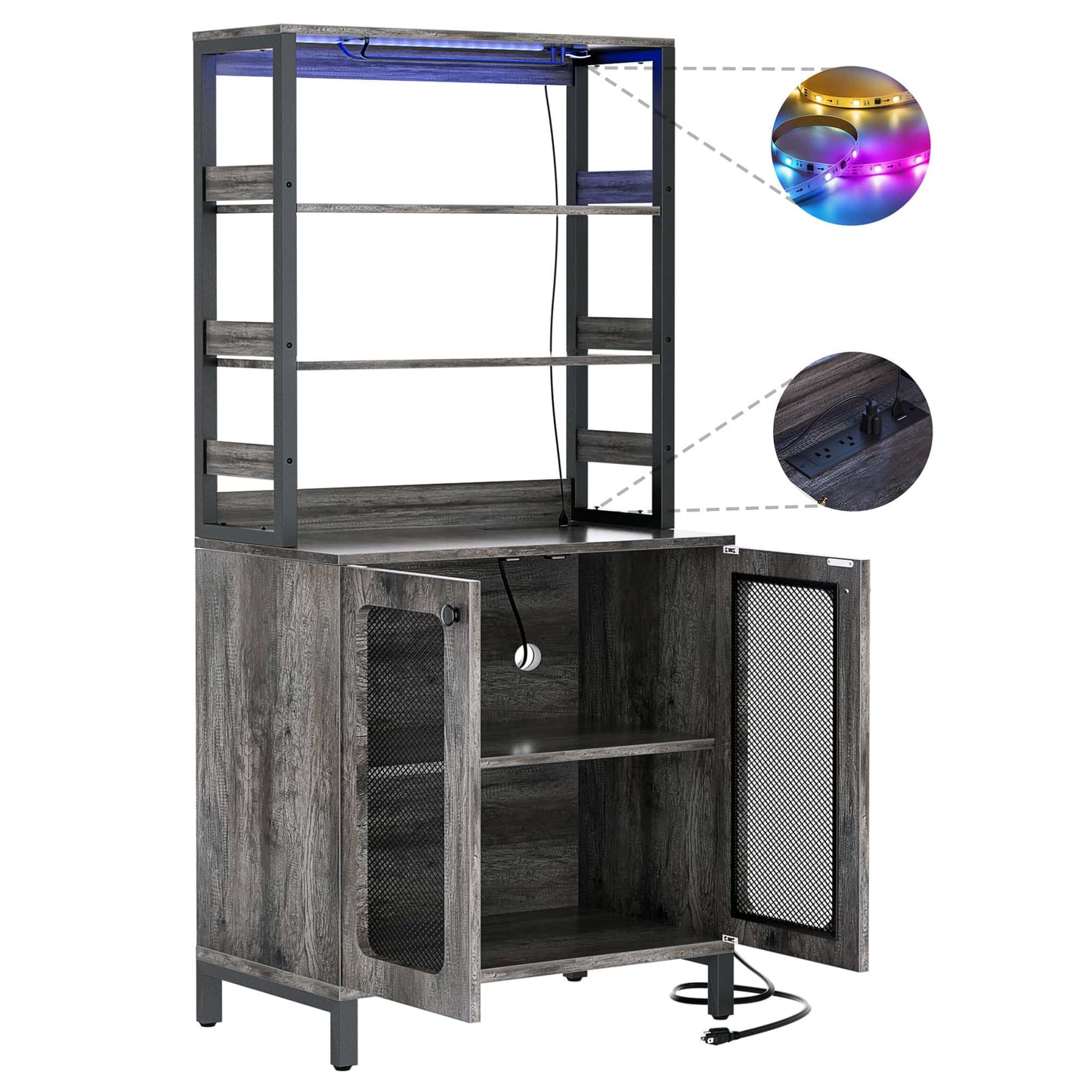 67" Tall Wine Cabinet Liquor Cabinet with LED Lights and Power Outlets