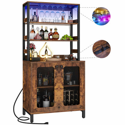 67" Tall Wine Cabinet Liquor Cabinet with LED Lights and Power Outlets