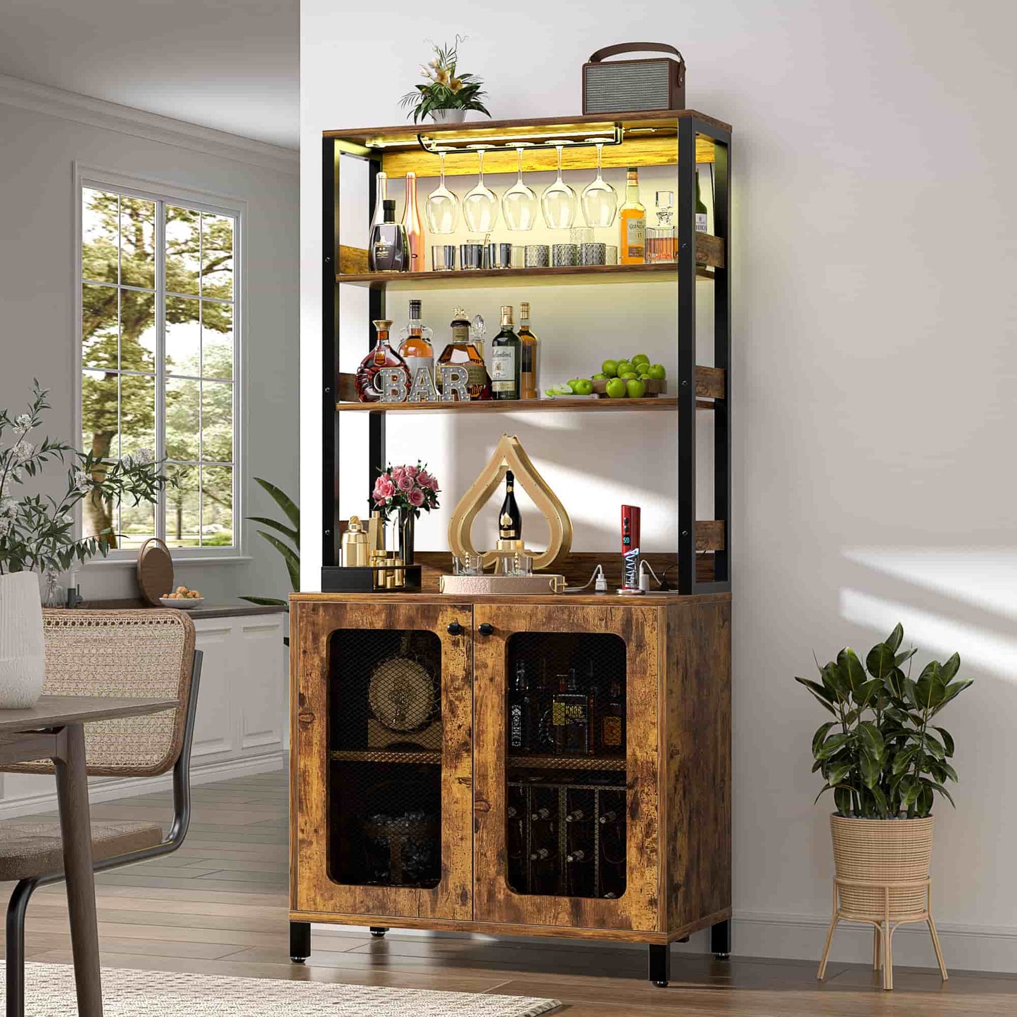 67" Tall Wine Cabinet Liquor Cabinet with LED Lights and Power Outlets