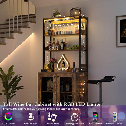 67" Tall Wine Cabinet Liquor Cabinet with LED Lights and Power Outlets
