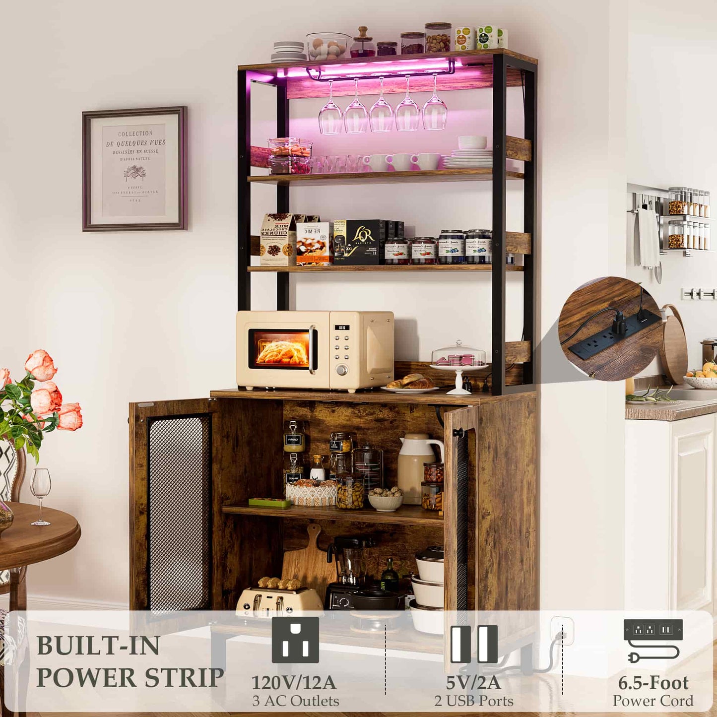 67" Tall Wine Cabinet Liquor Cabinet with LED Lights and Power Outlets