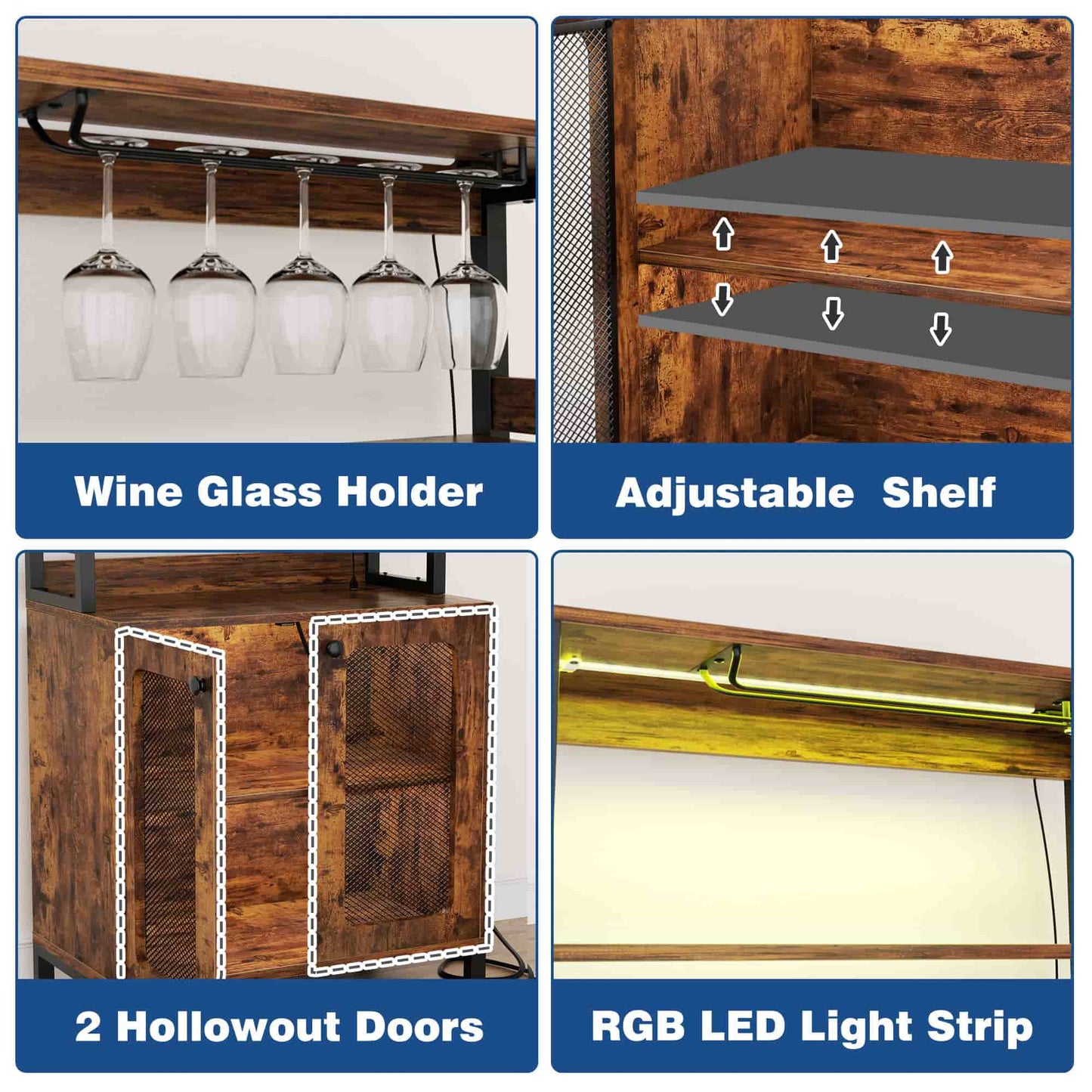 67" Tall Wine Cabinet Liquor Cabinet with LED Lights and Power Outlets