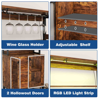 67" Tall Wine Cabinet Liquor Cabinet with LED Lights and Power Outlets