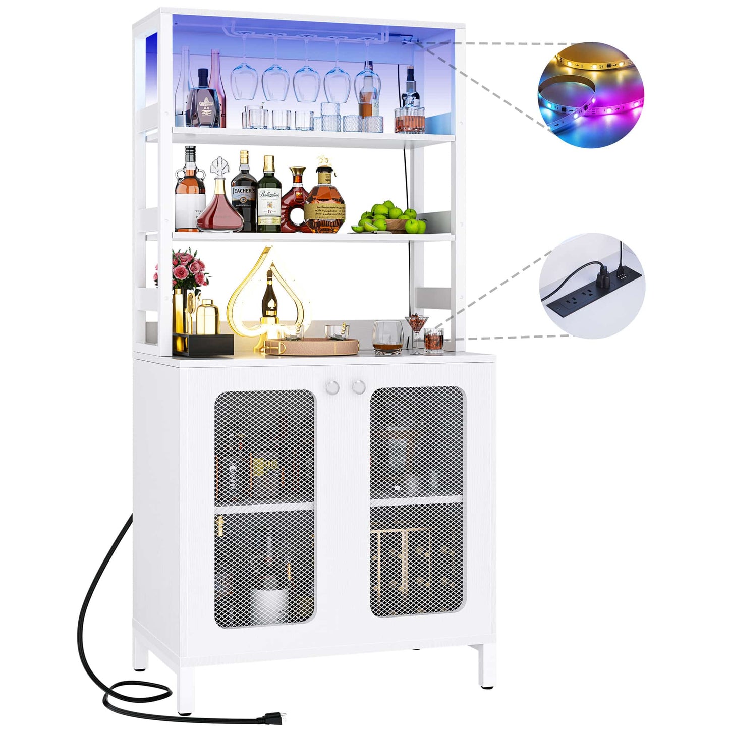 67" Tall Wine Cabinet Liquor Cabinet with LED Lights and Power Outlets