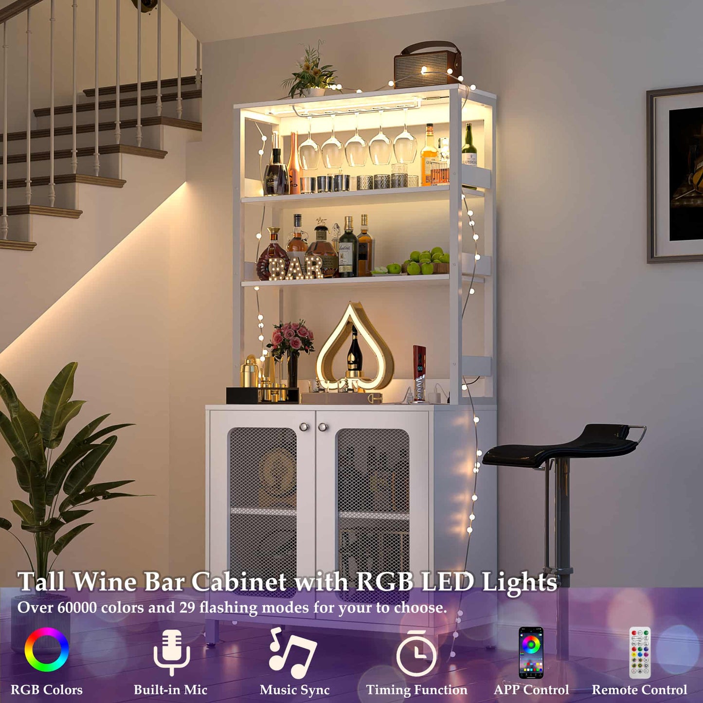 67" Tall Wine Cabinet Liquor Cabinet with LED Lights and Power Outlets