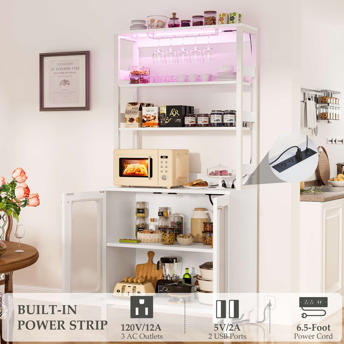 67" Tall Wine Cabinet Liquor Cabinet with LED Lights and Power Outlets