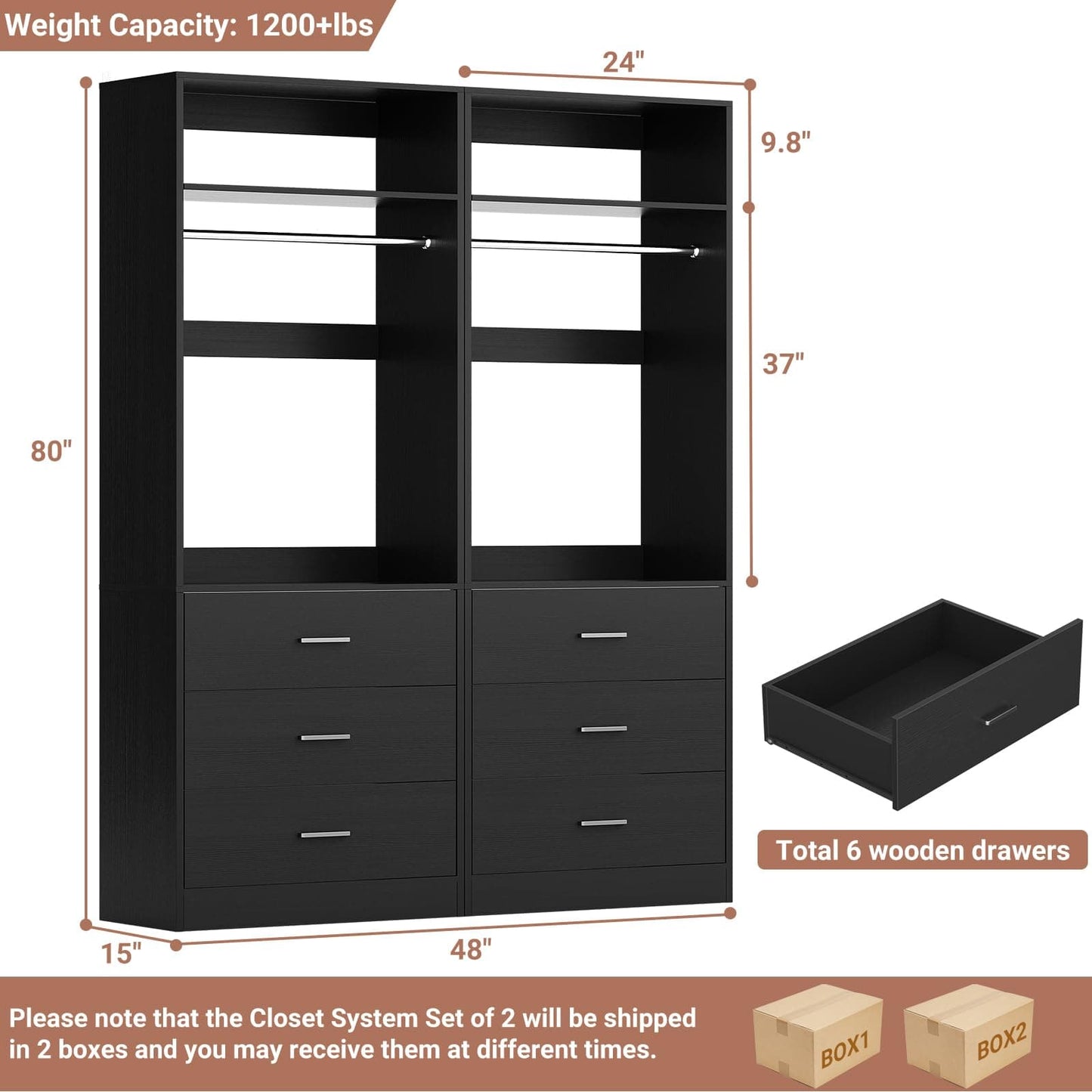 4FT (48 Inch) Closet Organizer System,Set of 2 - 6 Wood Drawers, 2 Hanging Rods & 2 Shelves