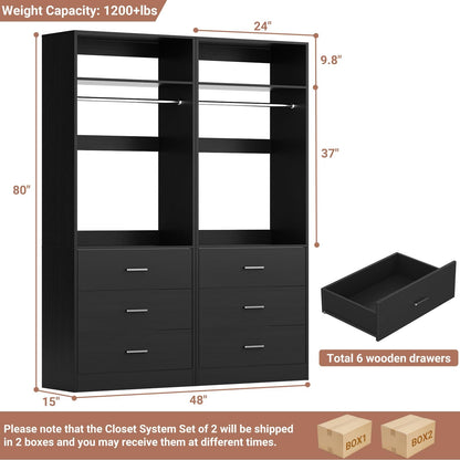 4FT (48 Inch) Closet Organizer System,Set of 2 - 6 Wood Drawers, 2 Hanging Rods & 2 Shelves