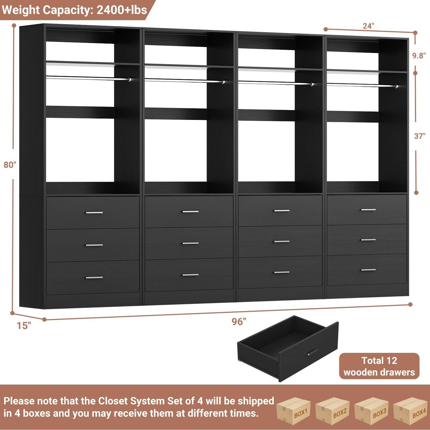 8FT (96 Inch) Closet Organizer System,Set of 4 - 12 Wood Drawers, 4 Hanging Rods & 4 Shelves