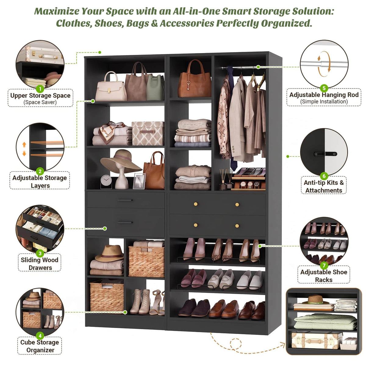 2-Piece Freestanding Closet System, 22"+28" Wardrobe Organizer with Drawers & Adjustable Shelves