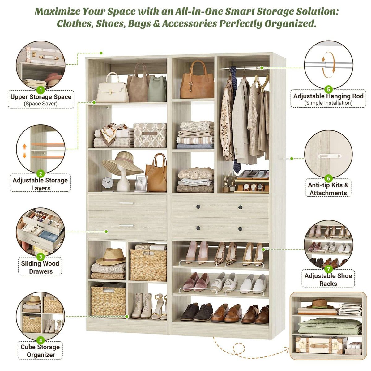 2-Piece Freestanding Closet System, 22"+28" Wardrobe Organizer with Drawers & Adjustable Shelves