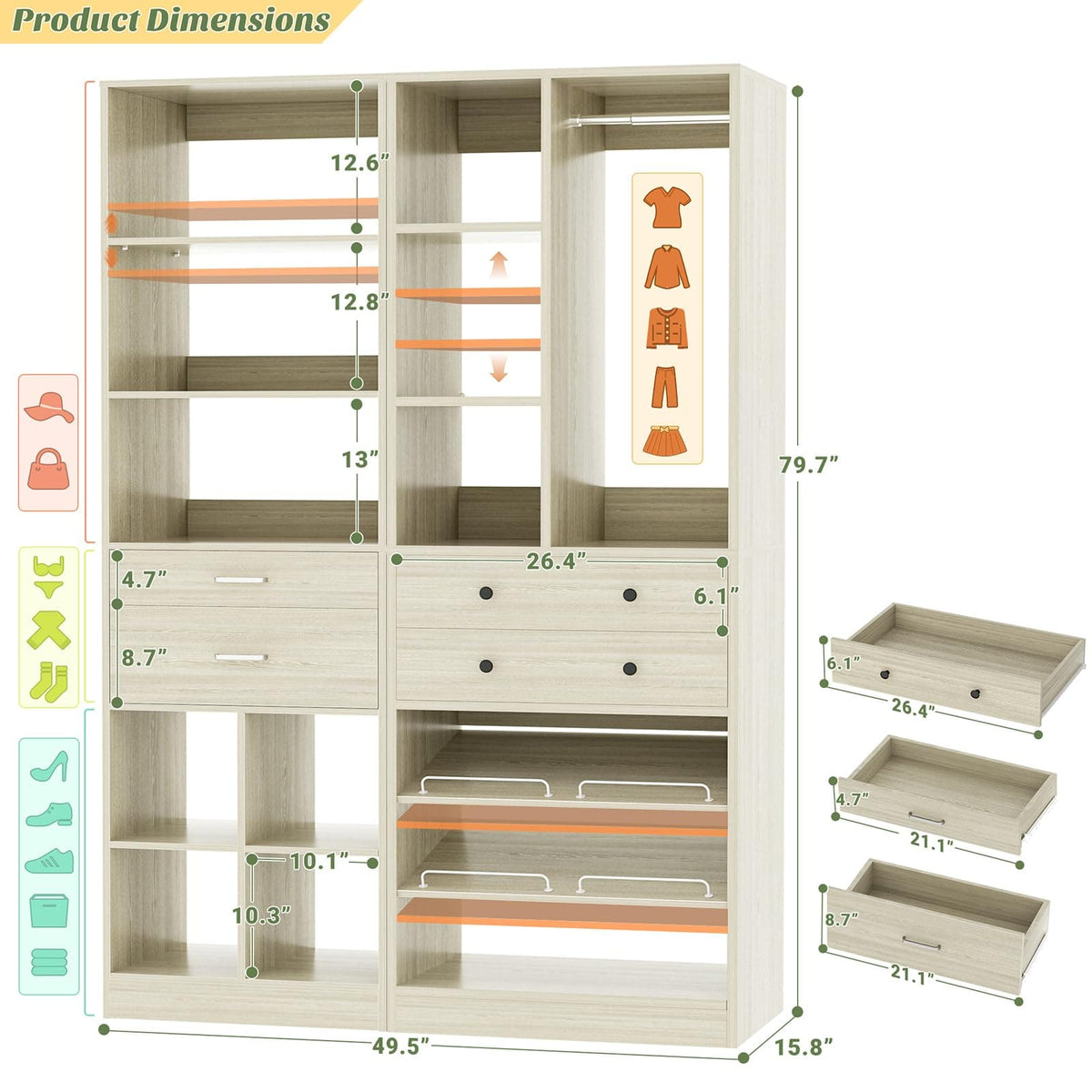 2-Piece Freestanding Closet System, 22"+28" Wardrobe Organizer with Drawers & Adjustable Shelves