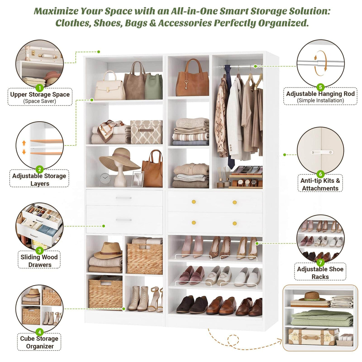 2-Piece Freestanding Closet System, 22"+28" Wardrobe Organizer with Drawers & Adjustable Shelves
