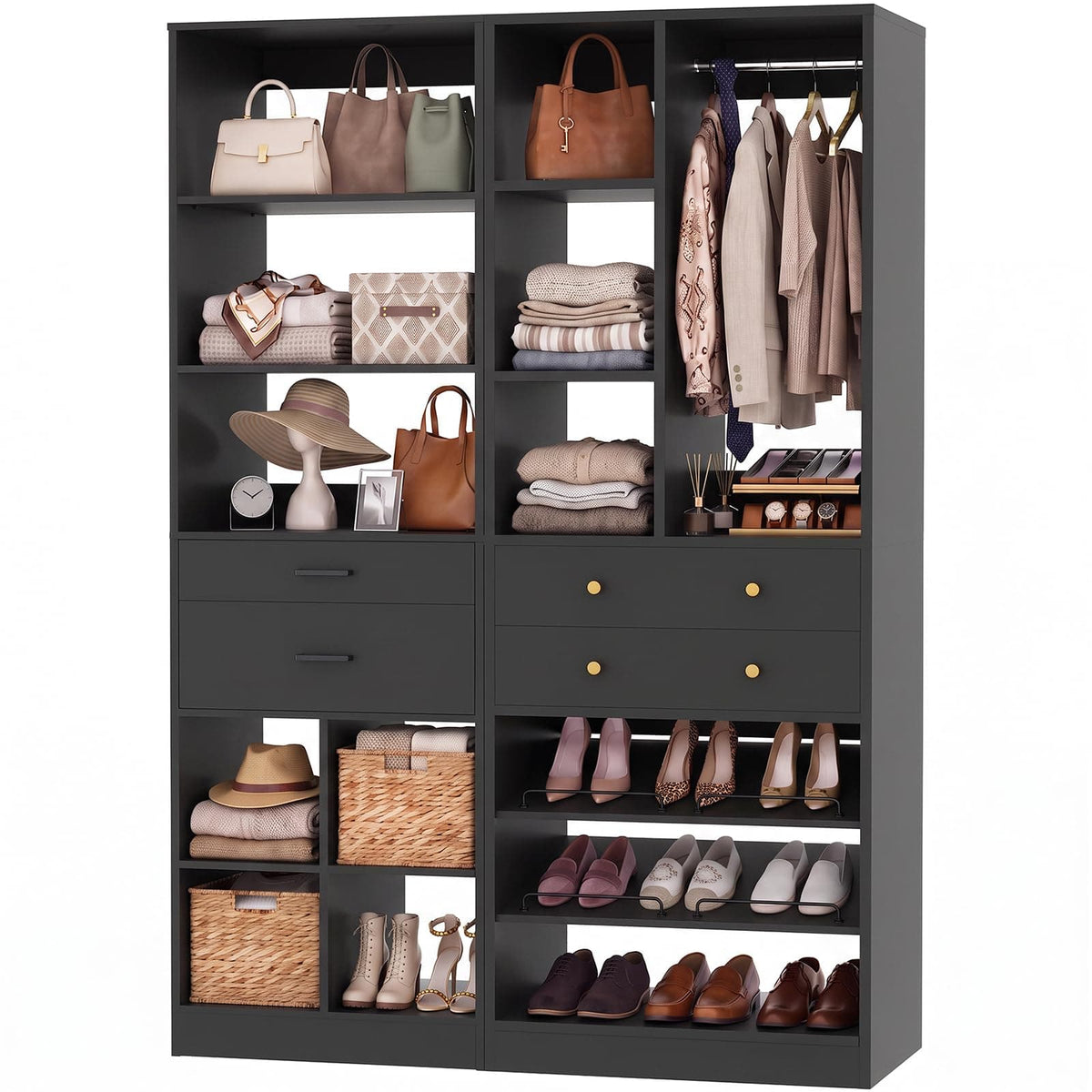 2-Piece Freestanding Closet System, 22"+28" Wardrobe Organizer with Drawers & Adjustable Shelves