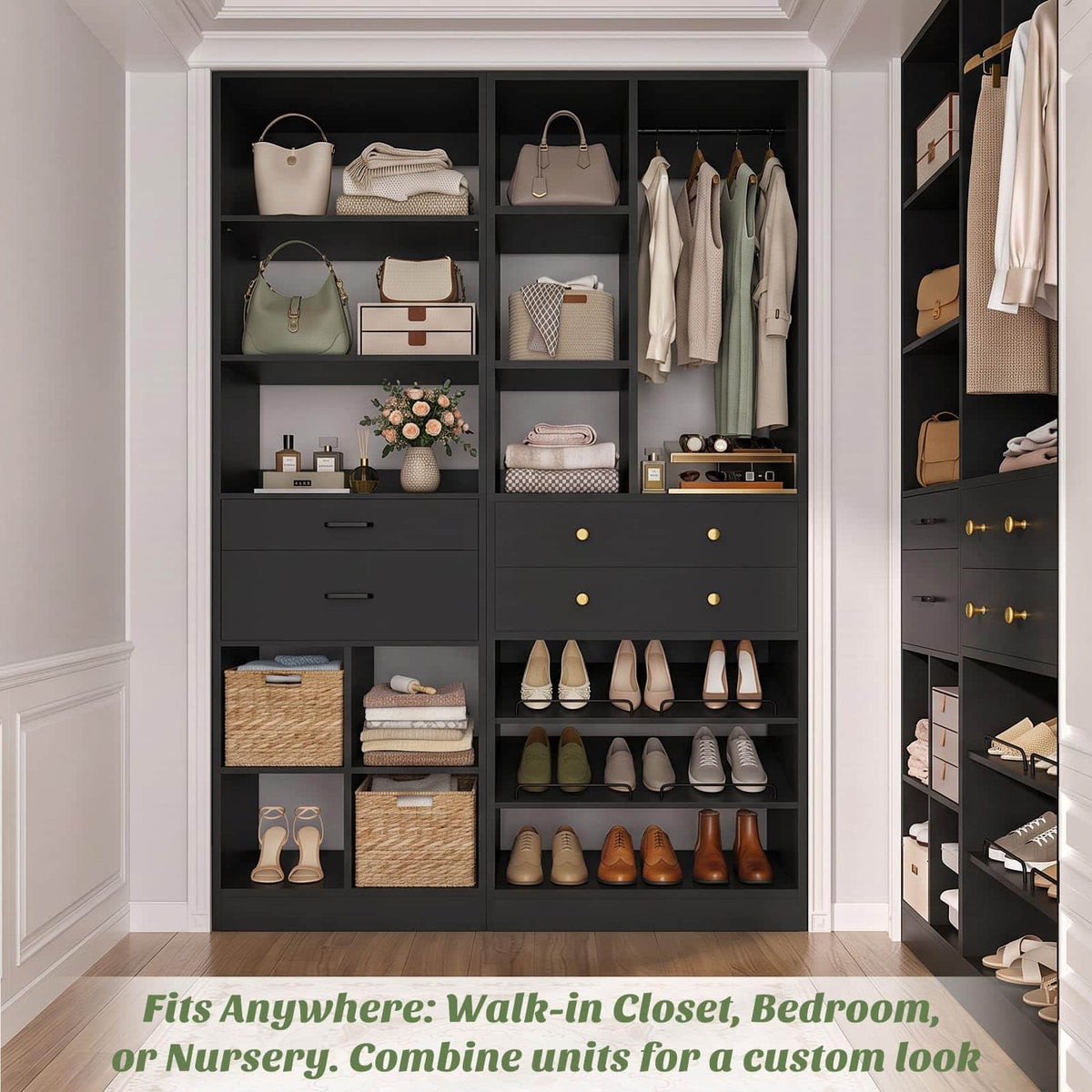 Freestanding Closet System Combo, Tall Wardrobe Storage Unit with Drawers Adjustable Shelves for Walk-in Closet