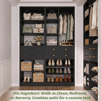 Freestanding Closet System Combo, Tall Wardrobe Storage Unit with Drawers Adjustable Shelves for Walk-in Closet