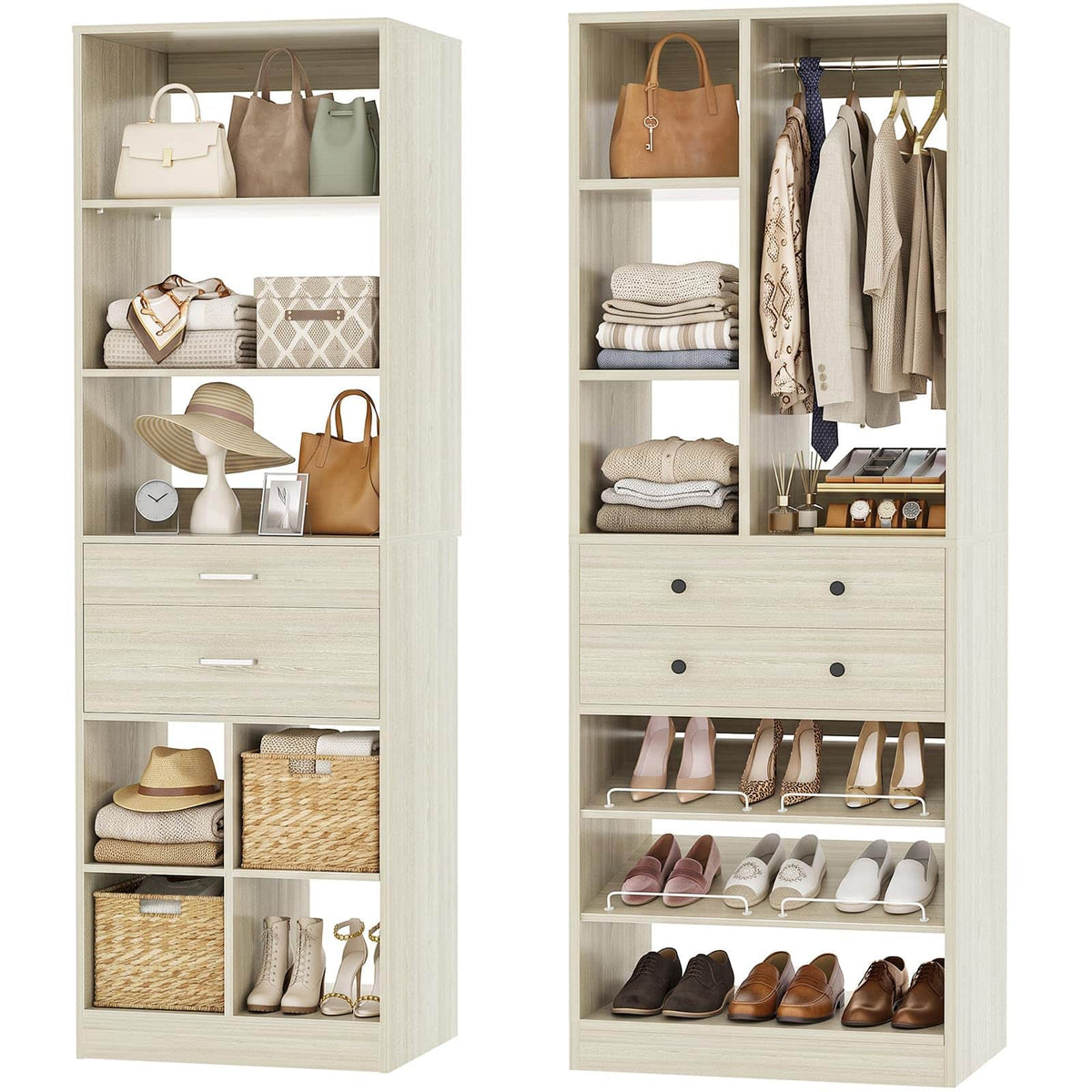 Freestanding Closet System Combo, Tall Wardrobe Storage Unit with Drawers Adjustable Shelves for Walk-in Closet