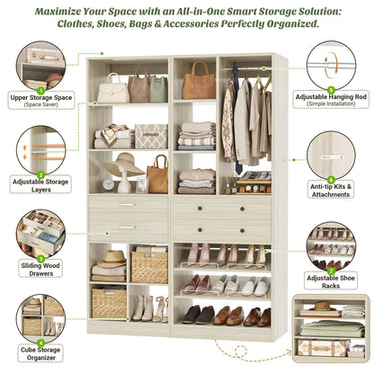 Freestanding Closet System Combo, Tall Wardrobe Storage Unit with Drawers Adjustable Shelves for Walk-in Closet