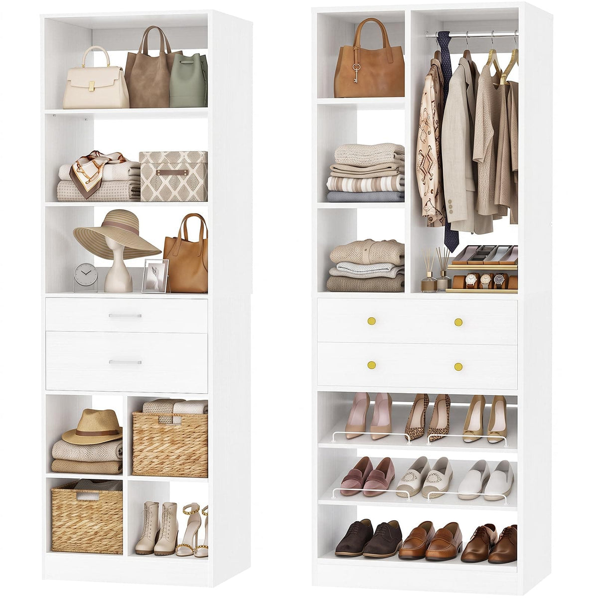 Freestanding Closet System Combo, Tall Wardrobe Storage Unit with Drawers Adjustable Shelves for Walk-in Closet
