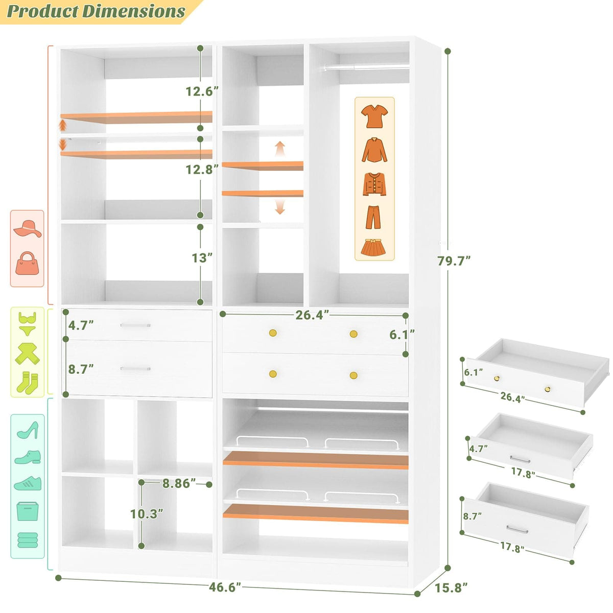 Freestanding Closet System Combo, Tall Wardrobe Storage Unit with Drawers Adjustable Shelves for Walk-in Closet