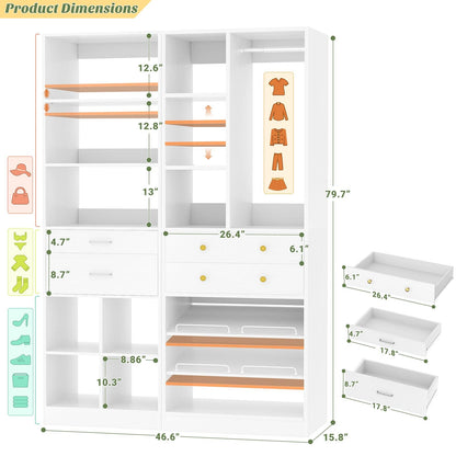 Freestanding Closet System Combo, Tall Wardrobe Storage Unit with Drawers Adjustable Shelves for Walk-in Closet