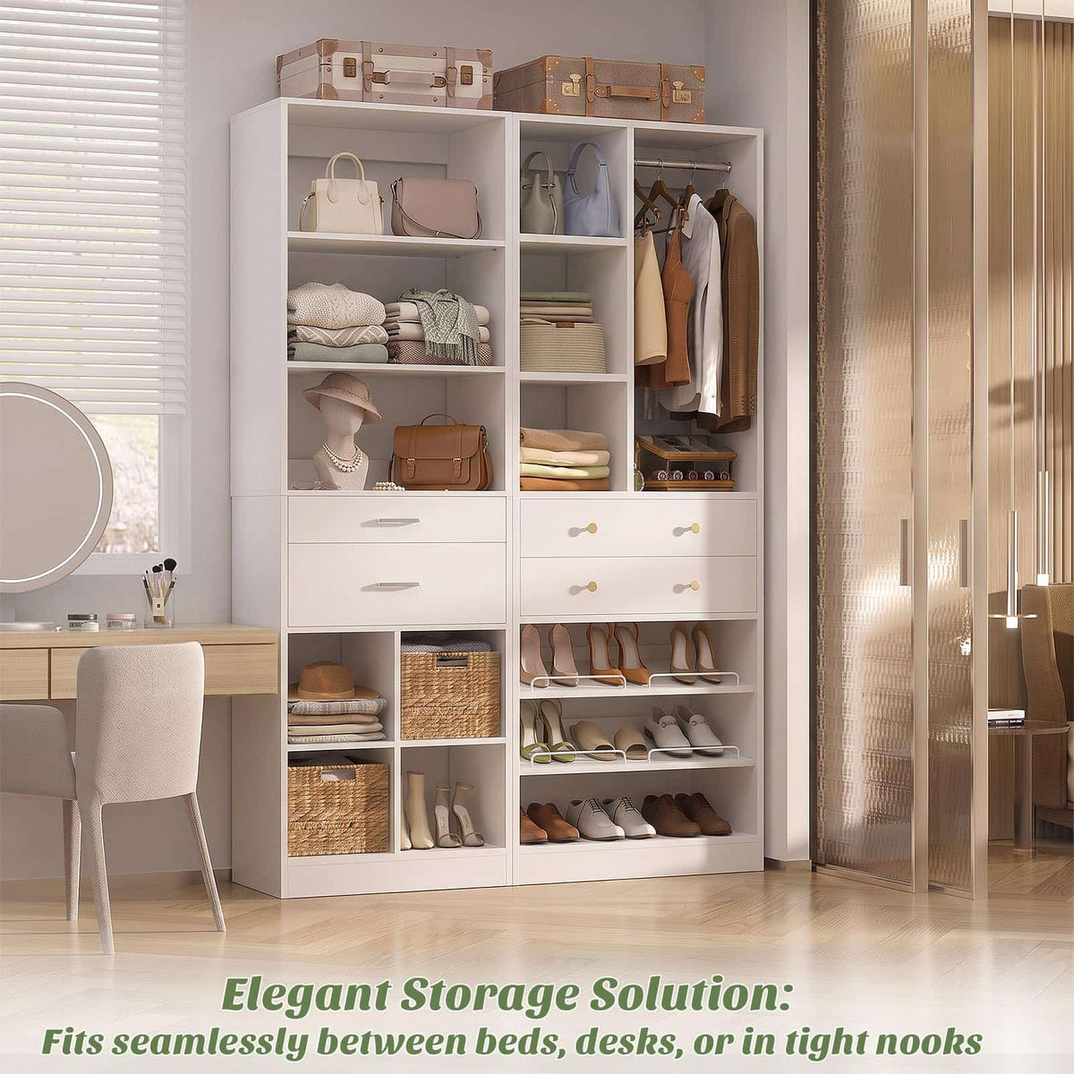 Freestanding Closet System Combo, Tall Wardrobe Storage Unit with Drawers Adjustable Shelves for Walk-in Closet
