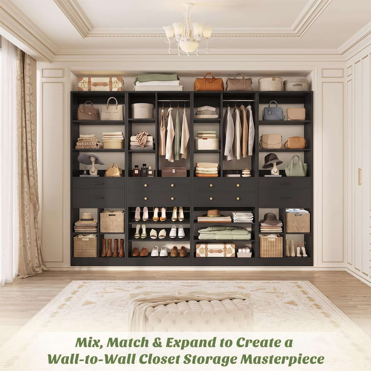 Freestanding Closet System Combo, Tall Wardrobe Storage Unit with Drawers Adjustable Shelves for Walk-in Closet
