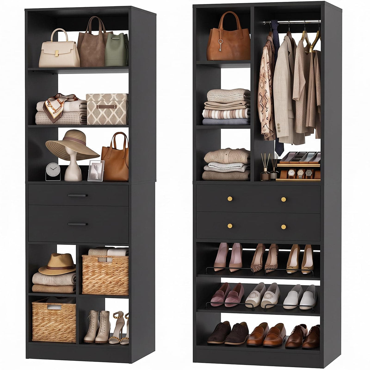 Freestanding Closet System Combo, Tall Wardrobe Storage Unit with Drawers Adjustable Shelves for Walk-in Closet