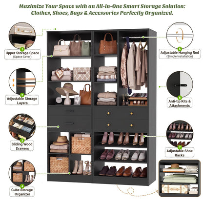 Freestanding Closet System Combo, Tall Wardrobe Storage Unit with Drawers Adjustable Shelves for Walk-in Closet