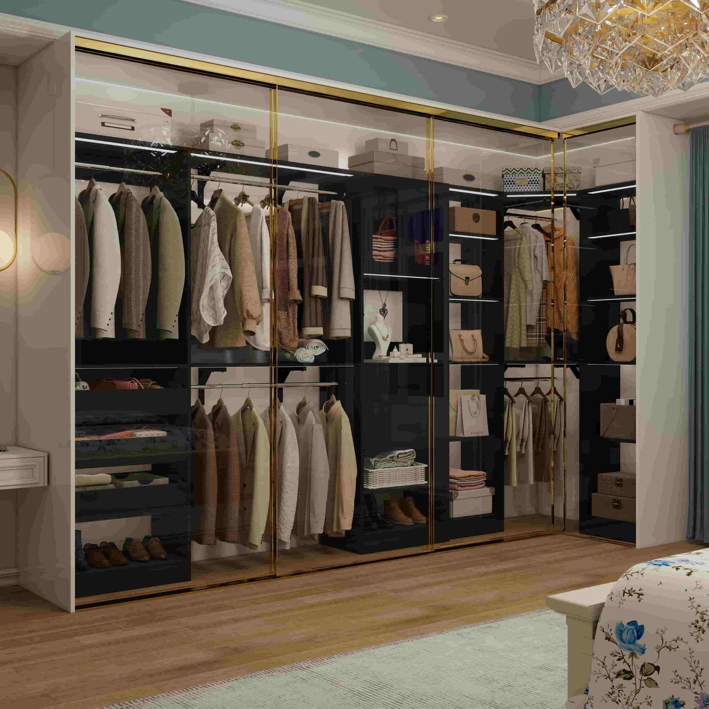 Closet System with 3 Sets, 100'' Walk-in Closet System with Drawers & Hanging Rods