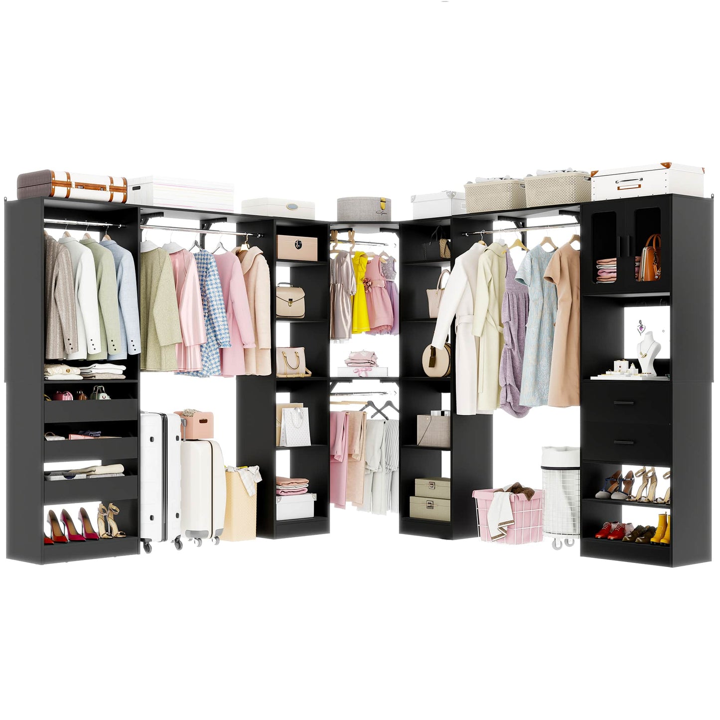 Closet System with 3 Sets, 100'' Walk-in Closet System with Drawers & Hanging Rods