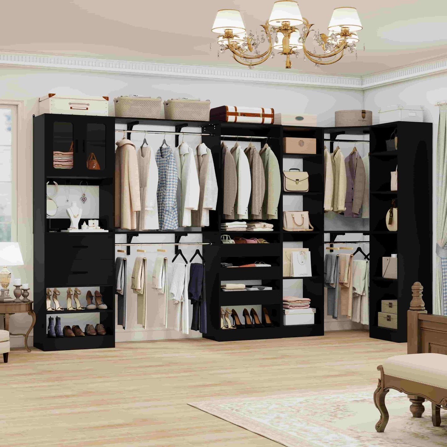 Closet System with 3 Sets, 100'' Walk-in Closet System with Drawers & Hanging Rods