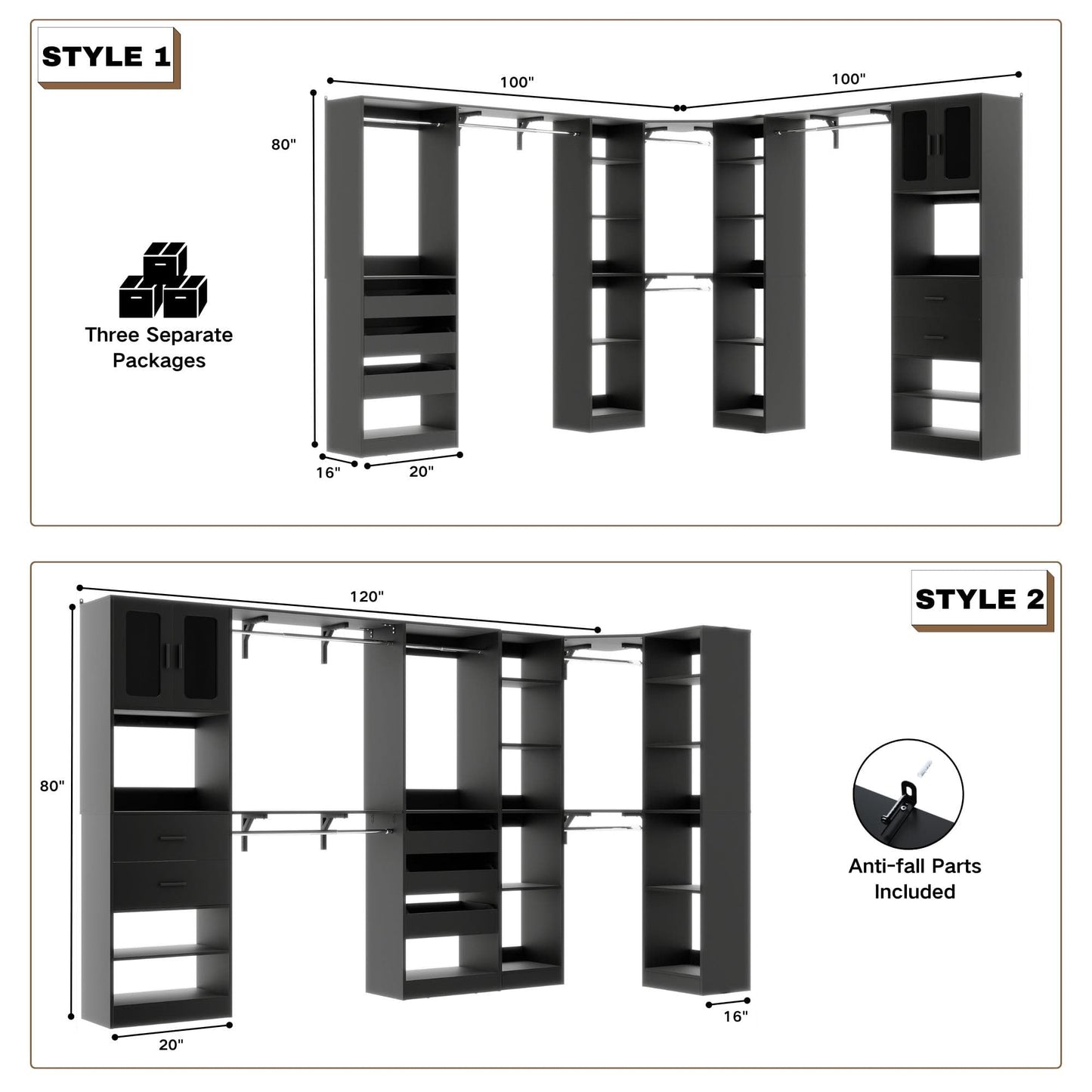 Closet System with 3 Sets, 100'' Walk-in Closet System with Drawers & Hanging Rods