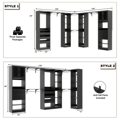 Closet System with 3 Sets, 100'' Walk-in Closet System with Drawers & Hanging Rods