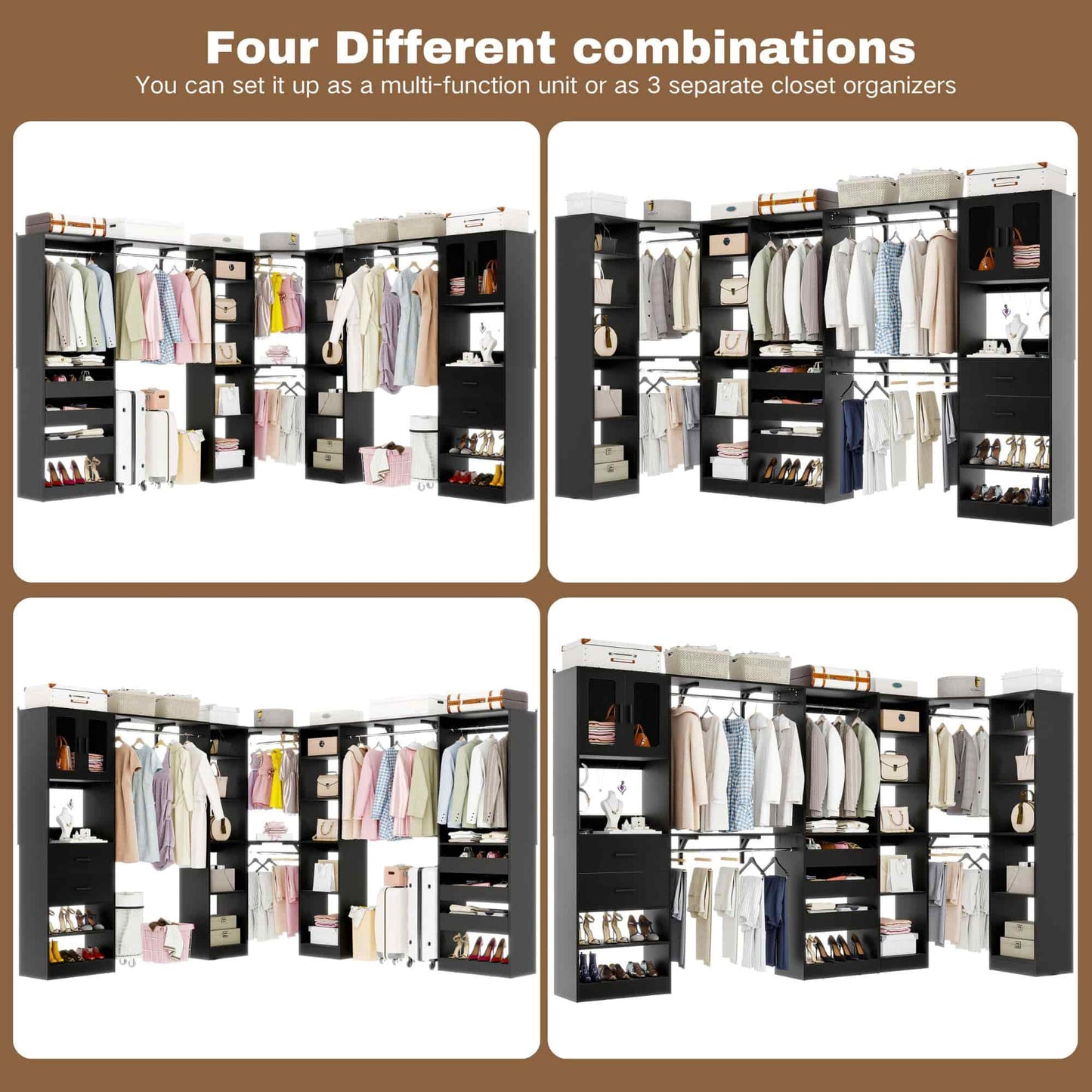 Closet System with 3 Sets, 100'' Walk-in Closet System with Drawers & Hanging Rods