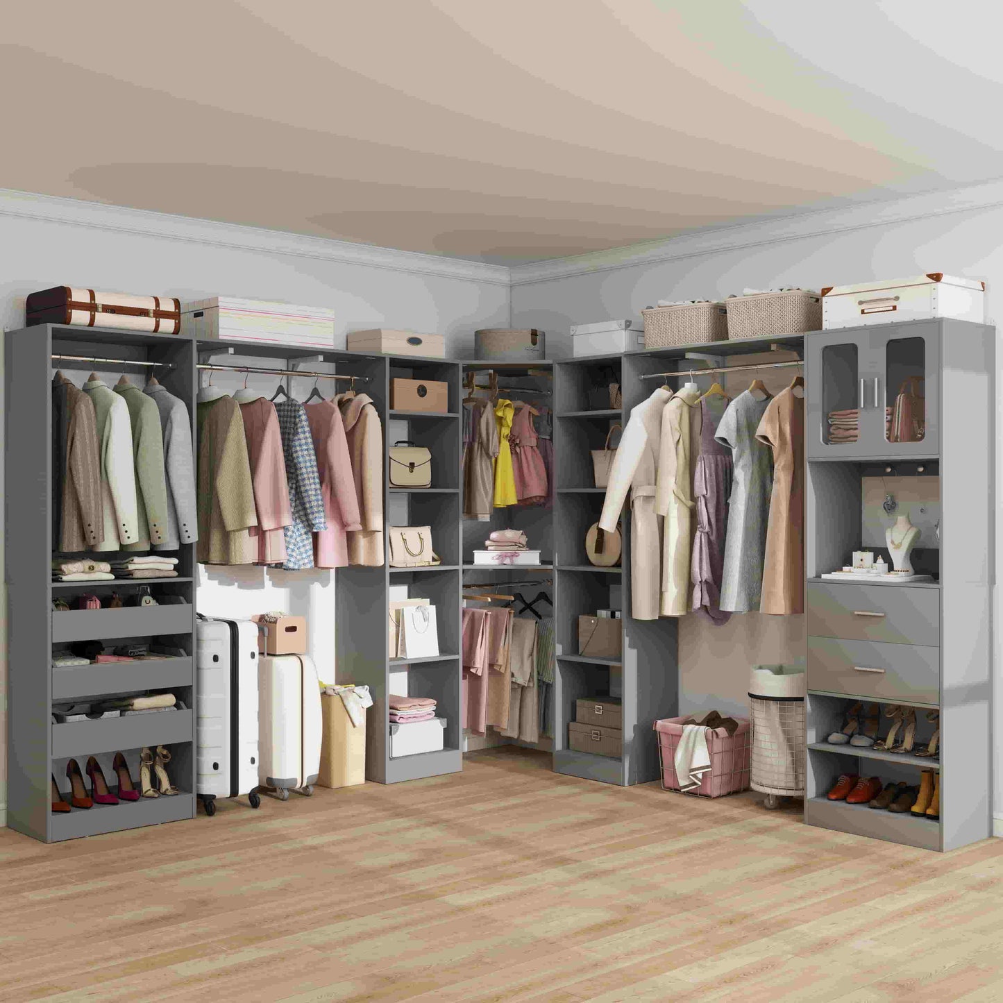 Closet System with 3 Sets, 100'' Walk-in Closet System with Drawers & Hanging Rods