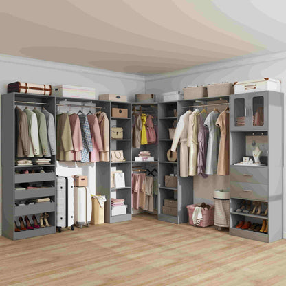 Closet System with 3 Sets, 100'' Walk-in Closet System with Drawers & Hanging Rods