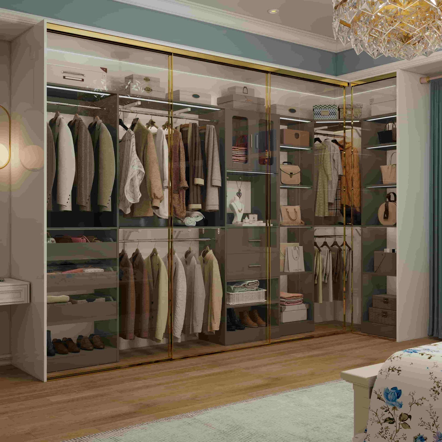 Closet System with 3 Sets, 100'' Walk-in Closet System with Drawers & Hanging Rods