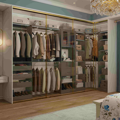 Closet System with 3 Sets, 100'' Walk-in Closet System with Drawers & Hanging Rods